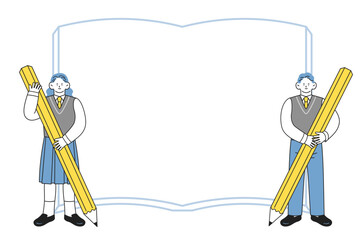 大きな鉛筆を手に持った制服姿の男女の学生と、本のフレーム背景