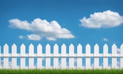 Obraz premium White picket fence against a blue sky with fluffy clouds