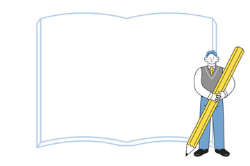 大きな鉛筆を手に持った制服姿の男子学生と、本のフレーム背景