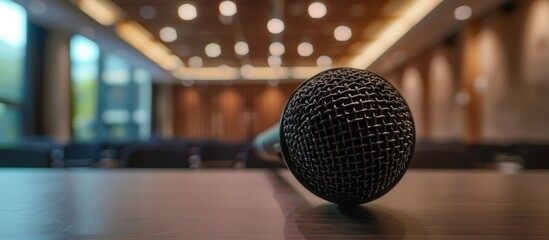 A wireless microphone rests on a table in a seminar room, offering ample copy space for adding text, highlighting selective focus and a blurred background.