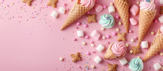 A charming Happy Birthday backdrop featuring ice cream cones, gingerbread cookies, and marshmallows on a soft pink background with a vacant area for text; seen from above in a flat layout with copy
