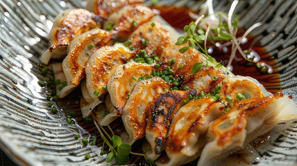 Delicious Plate of Crispy Fried Gyoza Dumplings. Japanese Cuisine Close Up