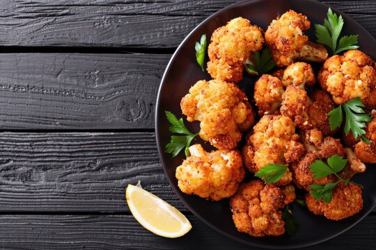 fried fresh cauliflower in breadcrumbs closeup on a plate. Horizontal top view from above