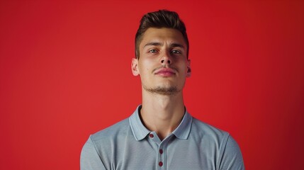 Obraz premium A man in a trendy gray polo shirt, with a solid red background.