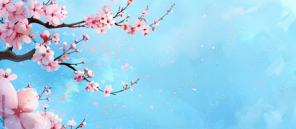 Poster a spring banner featuring cherry blossoms against a blue backdrop with room for text or images. imag