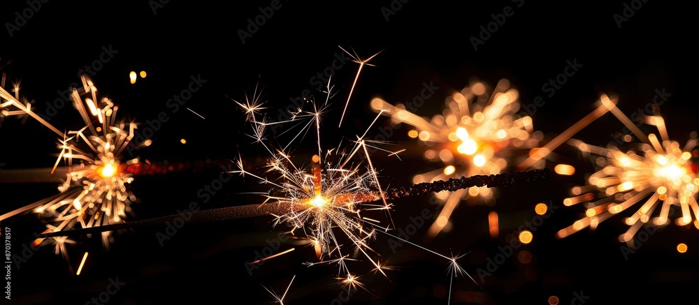 Poster A group of festive sparklers in a close-up low-angle side view over a black background with selective focus, ideal for a copy space image.