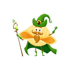Cartoon Halloween italian pasta wizard character. Isolated vector konkiloni sorcerer personage with pointy hat and staff, wearing green robe and large mustaches with beard, casting spooky spells