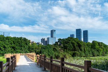Obraz premium spring park and modern city