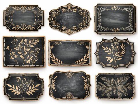 Set of vintage chalkboard labels with flourishes, white background