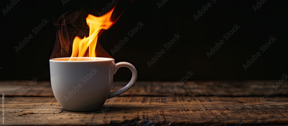 Poster coffee cup with a hot flame set on a wooden table against a black background, providing a unique cop
