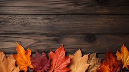 Autumnal leaves on wooden surface, ideal for seasonal backgrounds and textured autumn motifs