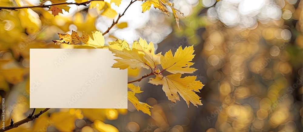 Poster A fall-themed twig with yellow foliage next to a blank white card on a softly blurred backdrop, perfect for a copy space image.