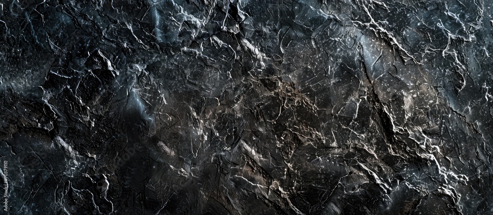 Poster a close-up black marble slab with a granite texture featuring a grainy rock surface design, ideal fo