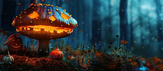 Eerie night forest backdrop with a Jack-o'-lantern on a large mushroom. Spooky Halloween banner with witch items and fear elements against a dark backdrop. Copy space image.