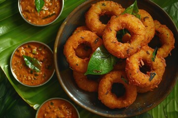 South Indian Medu Vada with coconut chutney and sambar.