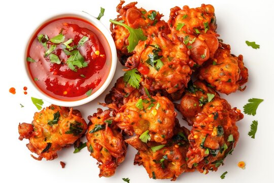 Mix veg pakora with tomato mint sauce isolated on white background top view