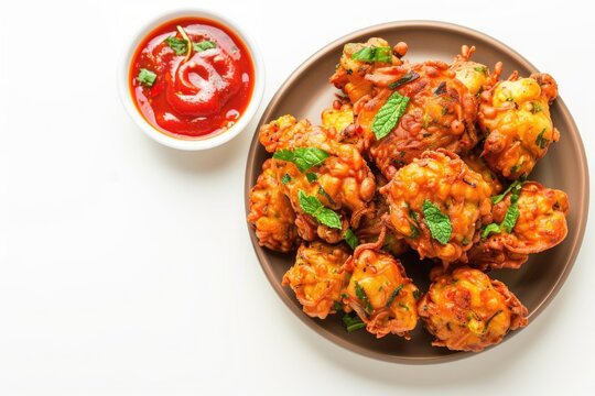 Mix veg pakora with tomato mint sauce isolated on white background top view