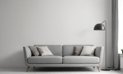 Grey sofa in minimalist living room with floor lamp