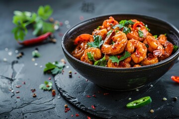 Fototapeta premium Schezwan Prawns Indo Chinese curry dish with spicy sauce.
