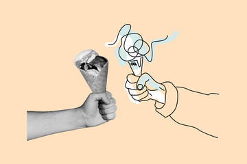 Creative drawing collage picture of hands hold ice cream sweet food summer weird freak bizarre...