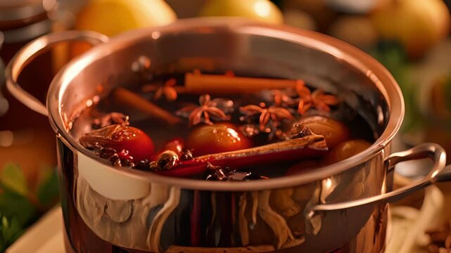 A large pot of mulled wine filled with warm es like cinnamon cloves and nutmeg perfect for sipping on a chilly autumn evening.