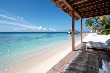 Fototapeta premium Serene Paradise - Exclusive Beach Cabana with Butler Service for Luxury Travel in a Private Coastal Sanctuary