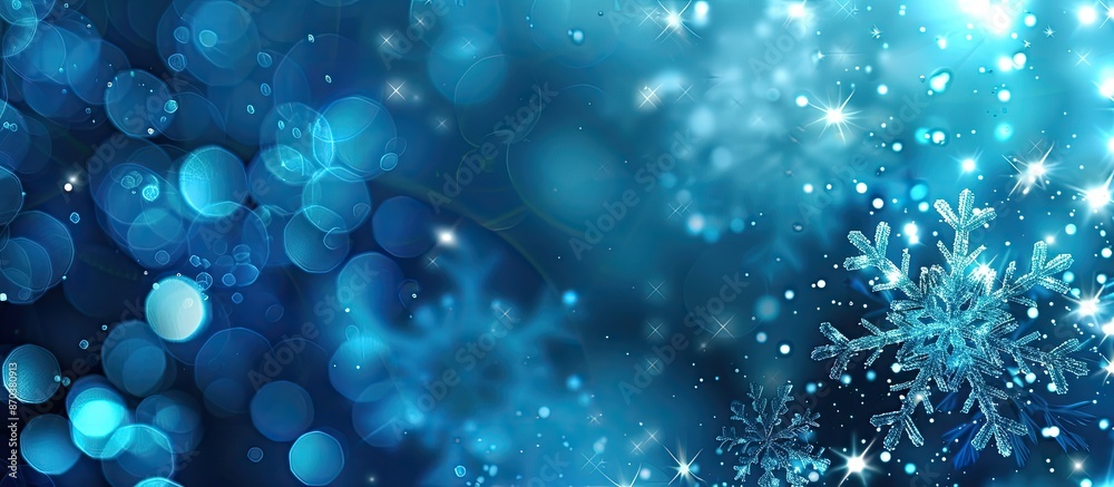 Poster Abstract blue snowflake background with blurred bokeh creating a copy space image.