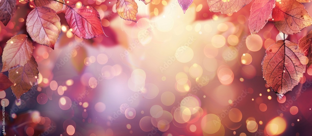 Poster Colorful autumn leaves with bokeh lights surrounding a copy space image on a gradient backdrop.