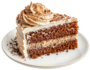 Delicious Slice of Moist Chocolate Spice Cake with Creamy Frosting and Whipped Cream Topping