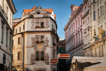 Prague, Czech Republic, Celetna street in center of old architecture of downtown. Famous Historical buildings