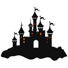 A dark silhouette of a medieval castle with multiple towers and turrets, set against a night sky with glowing windows