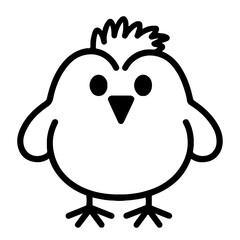 A simple black and white cartoon illustration of a cute chick or baby bird with a round body, large eyes, and a small beak