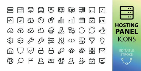 Hosting Panel UI Icons. Set of web server, cloud storage, ftp server, ssl, hosting settings, account, antivirus, admin panel, server cluster, networking vector icon with editable stroke