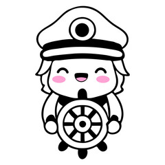 A cute cartoon character wearing a captain's hat and holding a ship's wheel, with a happy and friendly expression