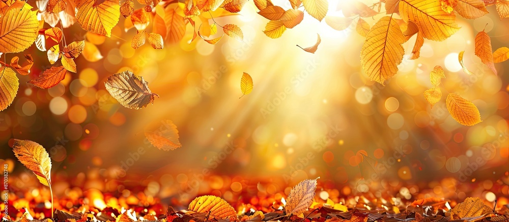 Poster beautiful fall scenery with a backdrop of golden apricot leaves, perfect for a copy space image.