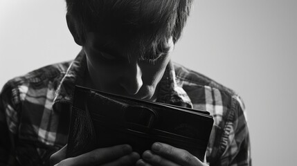 A man is holding a wallet in his hand and looking at it. The wallet is black and has a zipper. The man is focused on the wallet, possibly checking its contents or making sure it's secure