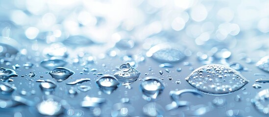 Clear water droplets glistening on a smooth surface with a copy space image.