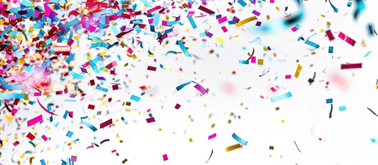 Confetti in various colors falling against a white backdrop symbolizes a festive atmosphere for a copy space image.
