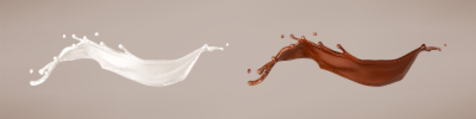Milk and chocolate splash. Milkshake and melted brown choco. Realistic vector illustration