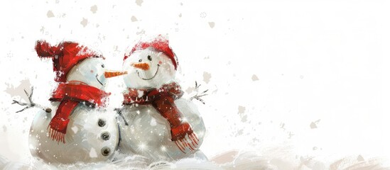 A festive concept featuring two snowmen with space for additional content, set against a white background ideal for a Christmas card design.