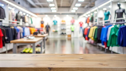 Fototapeta premium Empty wooden table top for product display presentation on blured sportswear store background. Banner. Space for text. 