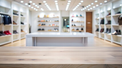 Empty wooden table top for product display presentation on blured shoe store background. Banner. Space for text. 