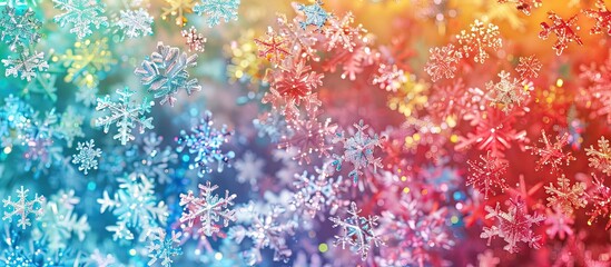 Colorful snowflakes form the backdrop with copy space image.