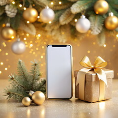 Christmas background with smartphone blank mockup, gift box and decor on golden sparkles backdrop. Copy space, template, screen. Xmas online shopping concept .Greeting card