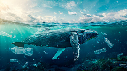 Naklejka premium Whale in the ocean with plastic bottles and garbage floating around. Plastic ocean pollution.