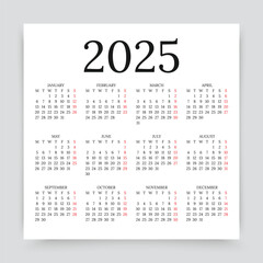 Calendar 2025. Yearly calender organizer. Week starts Monday. Grid template with 12 months. Calendar layout in square simple design in English. Vector illustration.