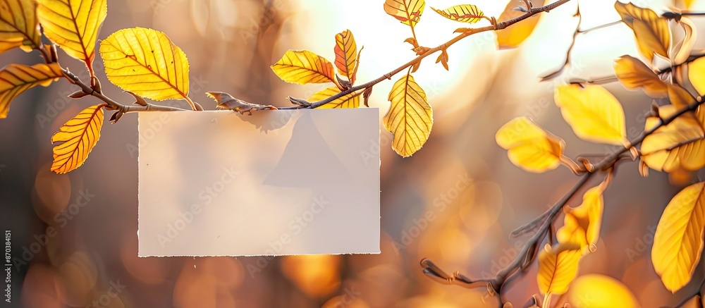 Poster a fall-themed twig with yellow foliage next to a blank white card on a softly blurred backdrop, perf