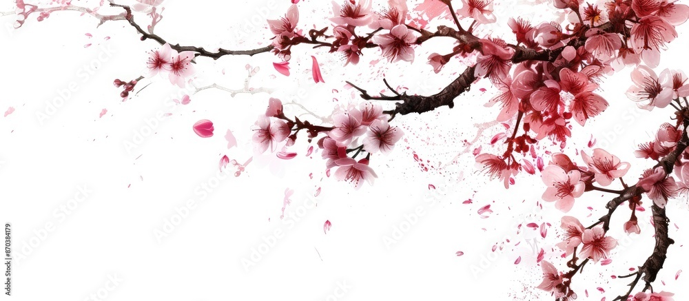 Aufkleber Cherry tree branches in bloom against a white backdrop with copy space image available.