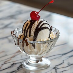 A scoop of vanilla ice cream drizzled with chocolate sauce and topped with whipped cream, served in a glass dessert bowl with a cherry on top, set on a marble table.