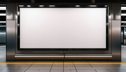 Blank horizontal big poster in public place. Billboard mockup on subway station. 3D rendering